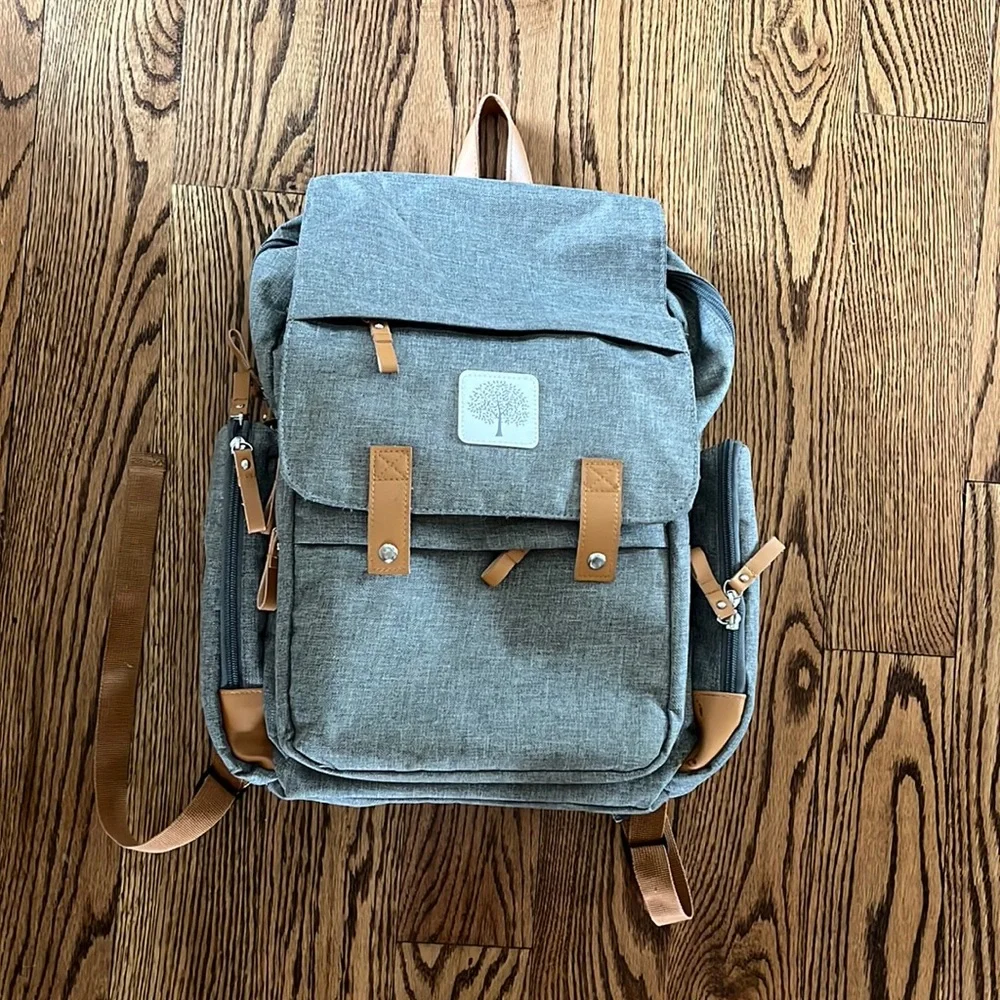 Grey and Leather diaper bag with striped lining - Picture 1 of 8